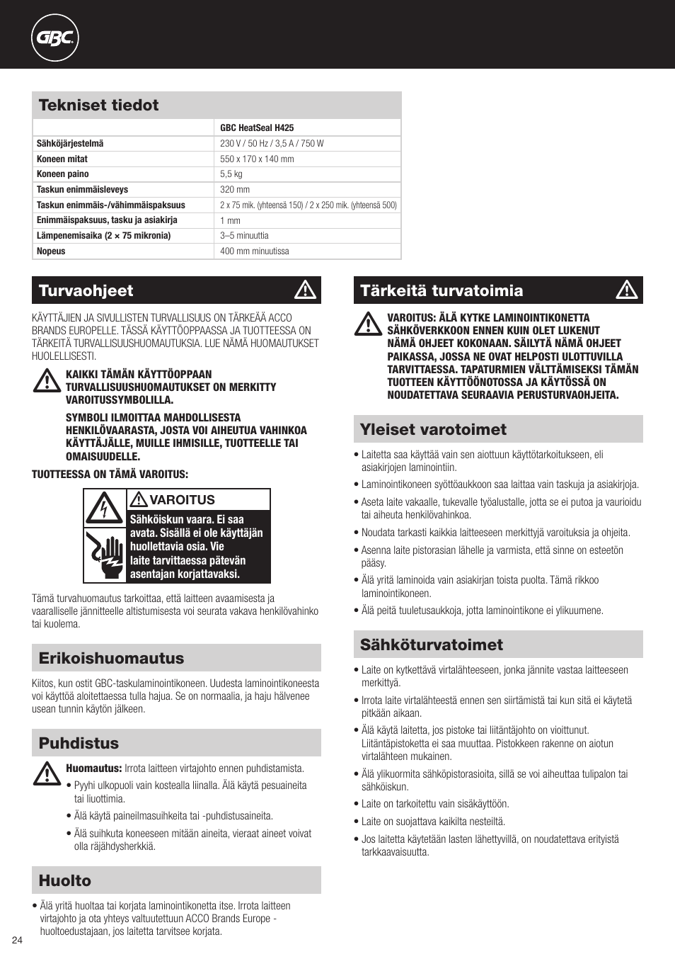 GBC H425 HeatSeal User Manual | Page 24 / 38