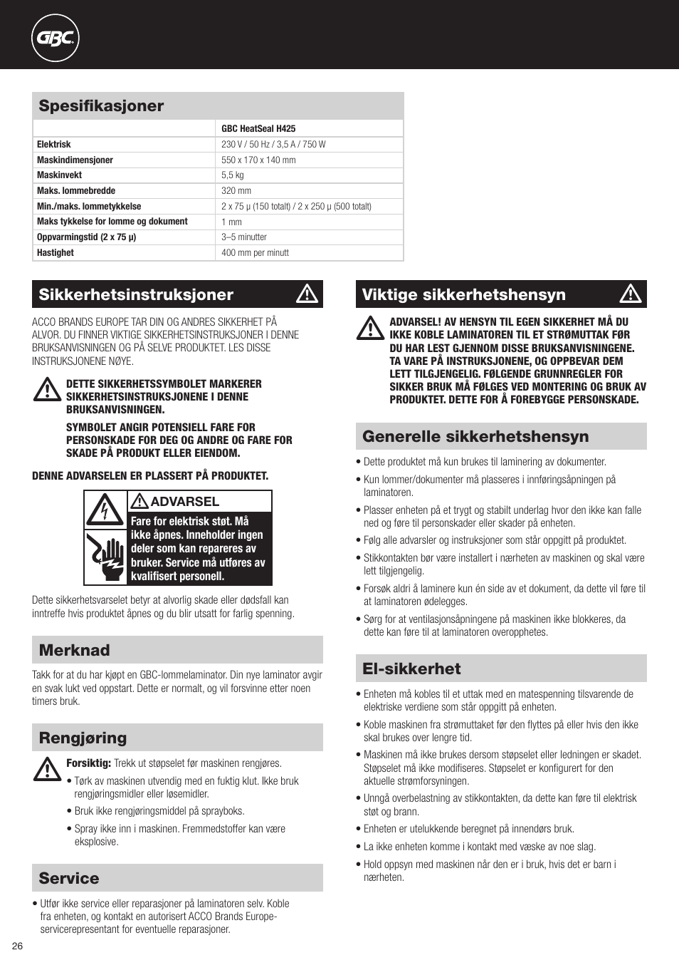 GBC H425 HeatSeal User Manual | Page 26 / 38