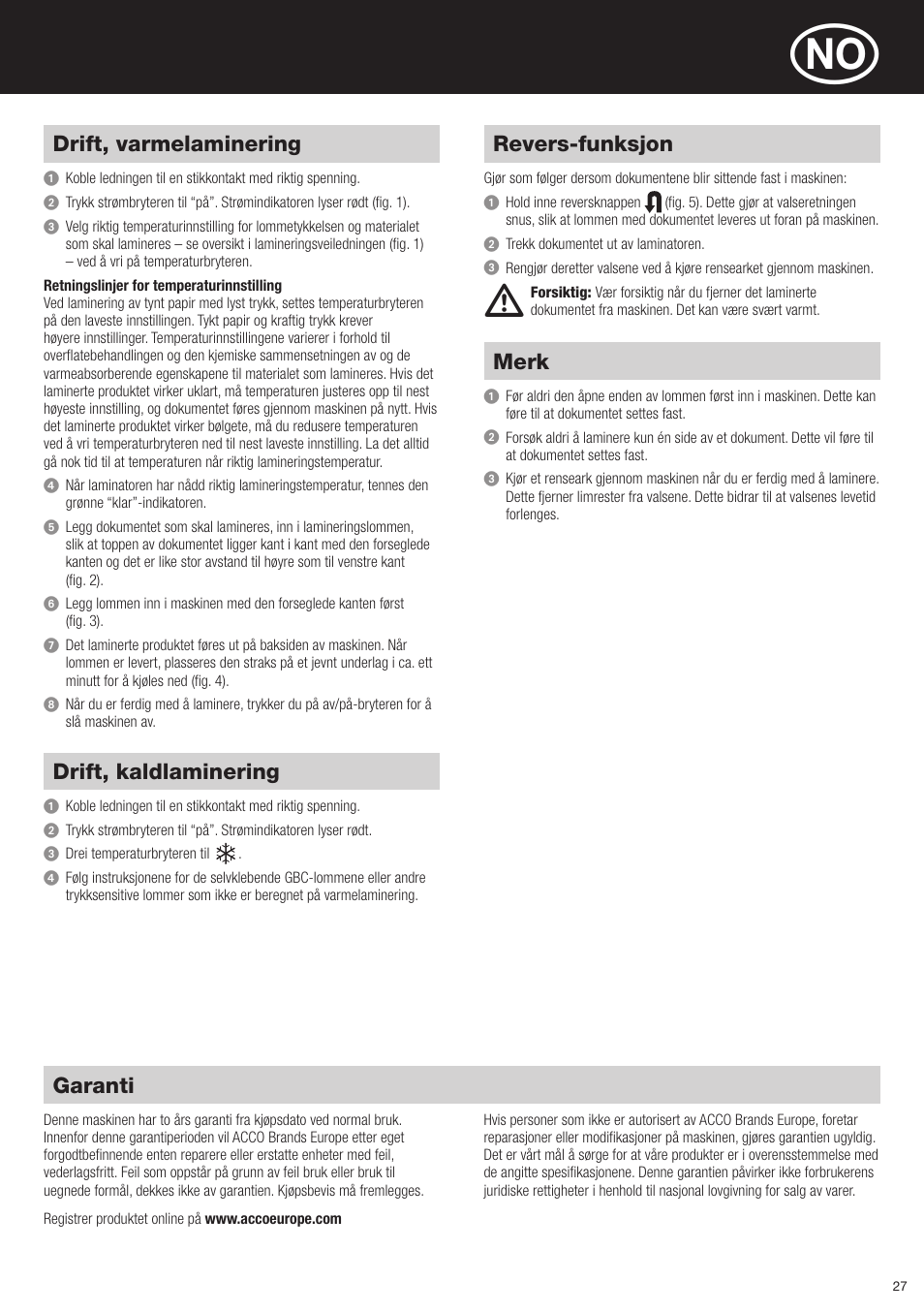 Drift, varmelaminering, Drift, kaldlaminering, Revers-funksjon | Merk, Garanti | GBC H425 HeatSeal User Manual | Page 27 / 38