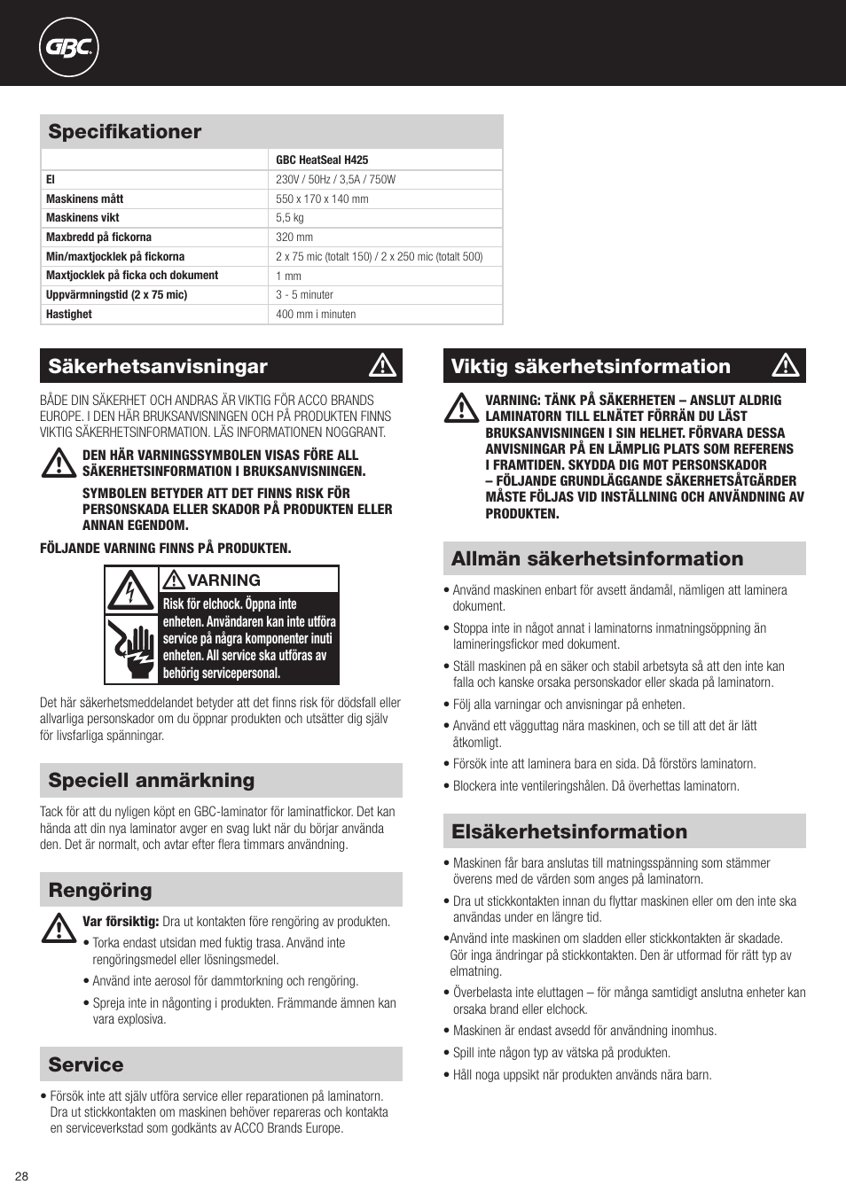 GBC H425 HeatSeal User Manual | Page 28 / 38