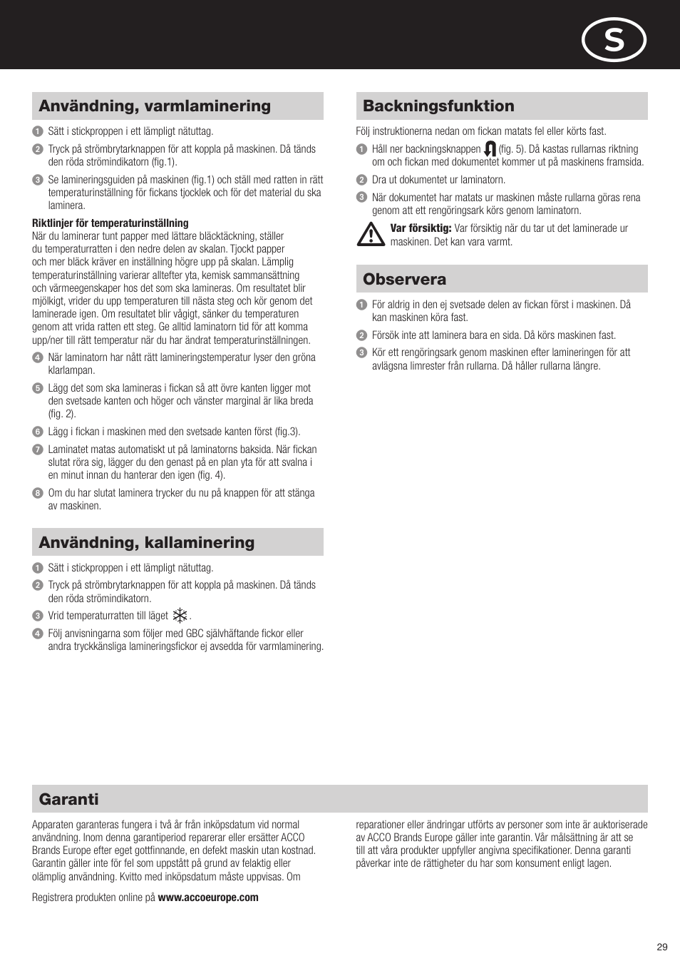 Användning, varmlaminering, Användning, kallaminering, Backningsfunktion | Observera, Garanti | GBC H425 HeatSeal User Manual | Page 29 / 38