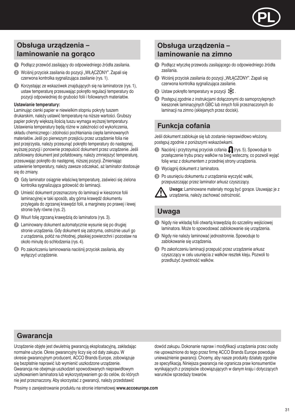 Obsługa urządzenia – laminowanie na gorąco, Obsługa urządzenia – laminowanie na zimno, Funkcja cofania | Uwaga, Gwarancja | GBC H425 HeatSeal User Manual | Page 31 / 38