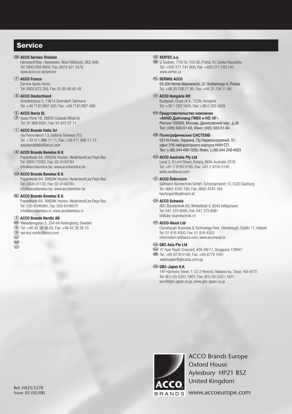 Service | GBC H425 HeatSeal User Manual | Page 38 / 38