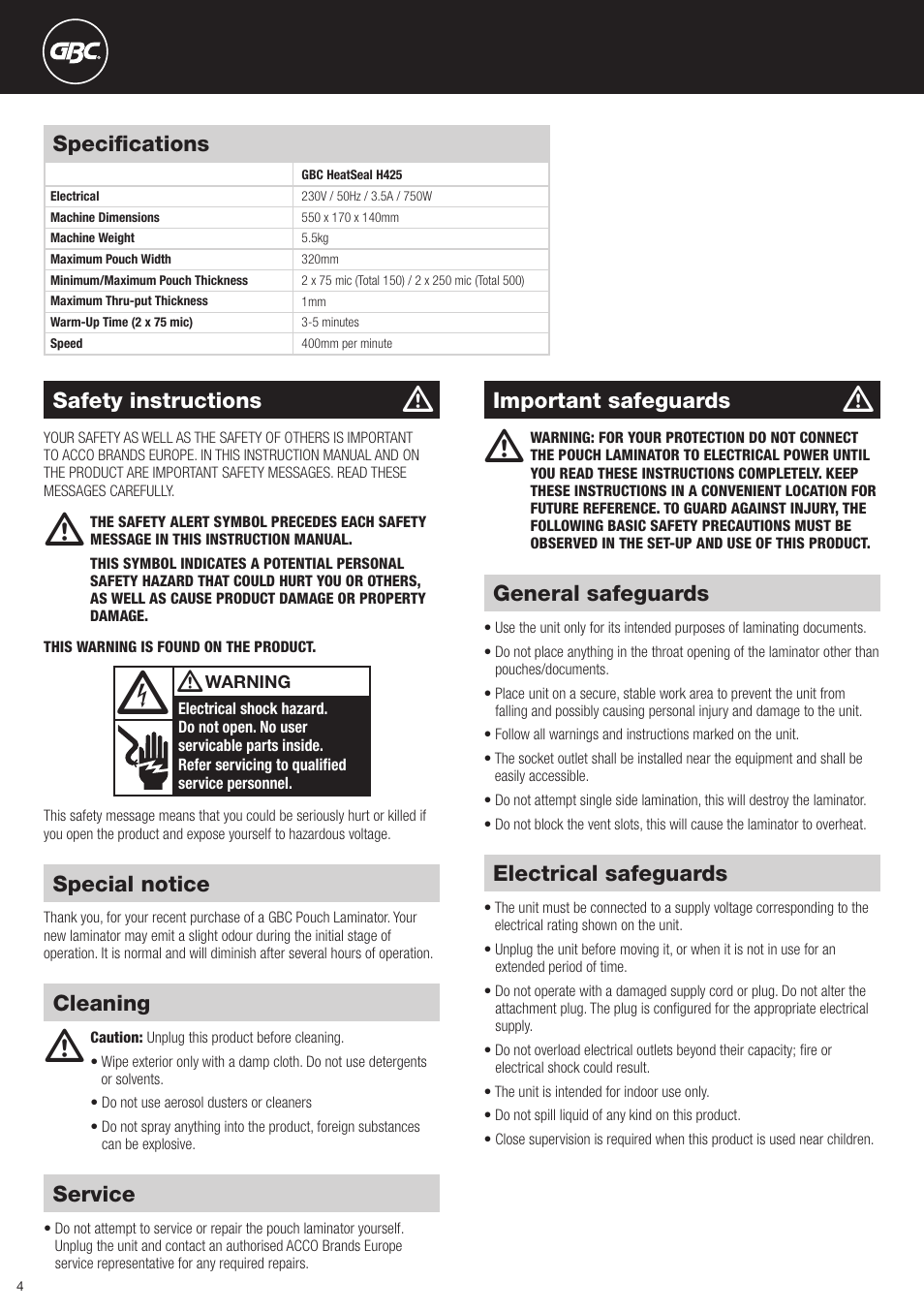 GBC H425 HeatSeal User Manual | Page 4 / 38