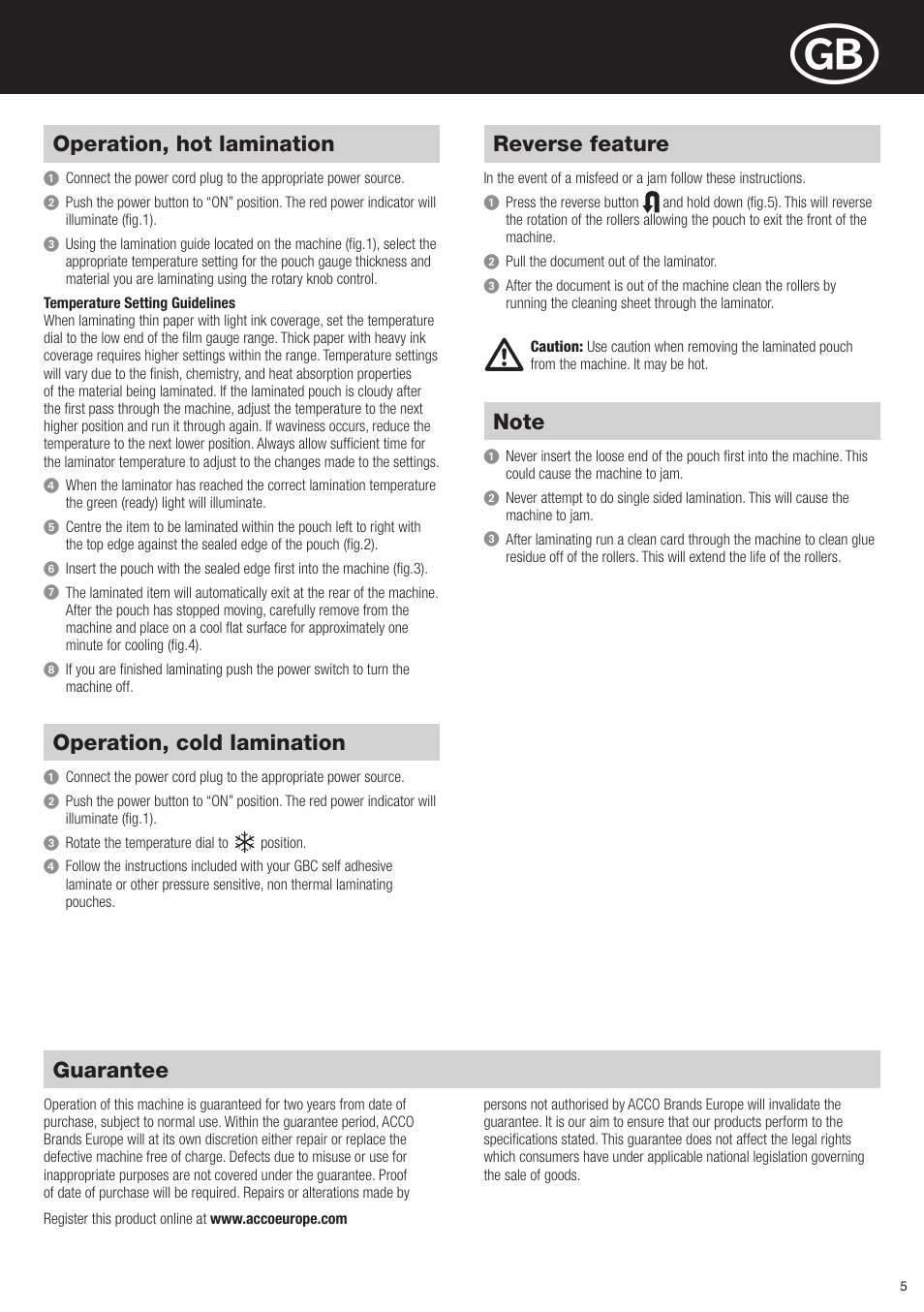 Operation, hot lamination, Operation, cold lamination, Reverse feature | Guarantee | GBC H425 HeatSeal User Manual | Page 5 / 38