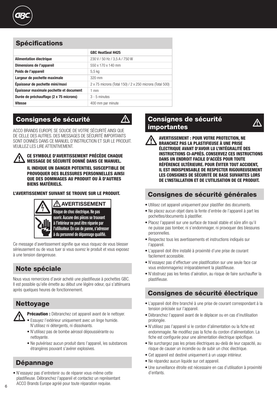 Dépannage, Consignes de sécurité électrique, Consignes de sécurité générales | Consignes de sécurité, Consignes de sécurité importantes, Nettoyage spécifications | GBC H425 HeatSeal User Manual | Page 6 / 38