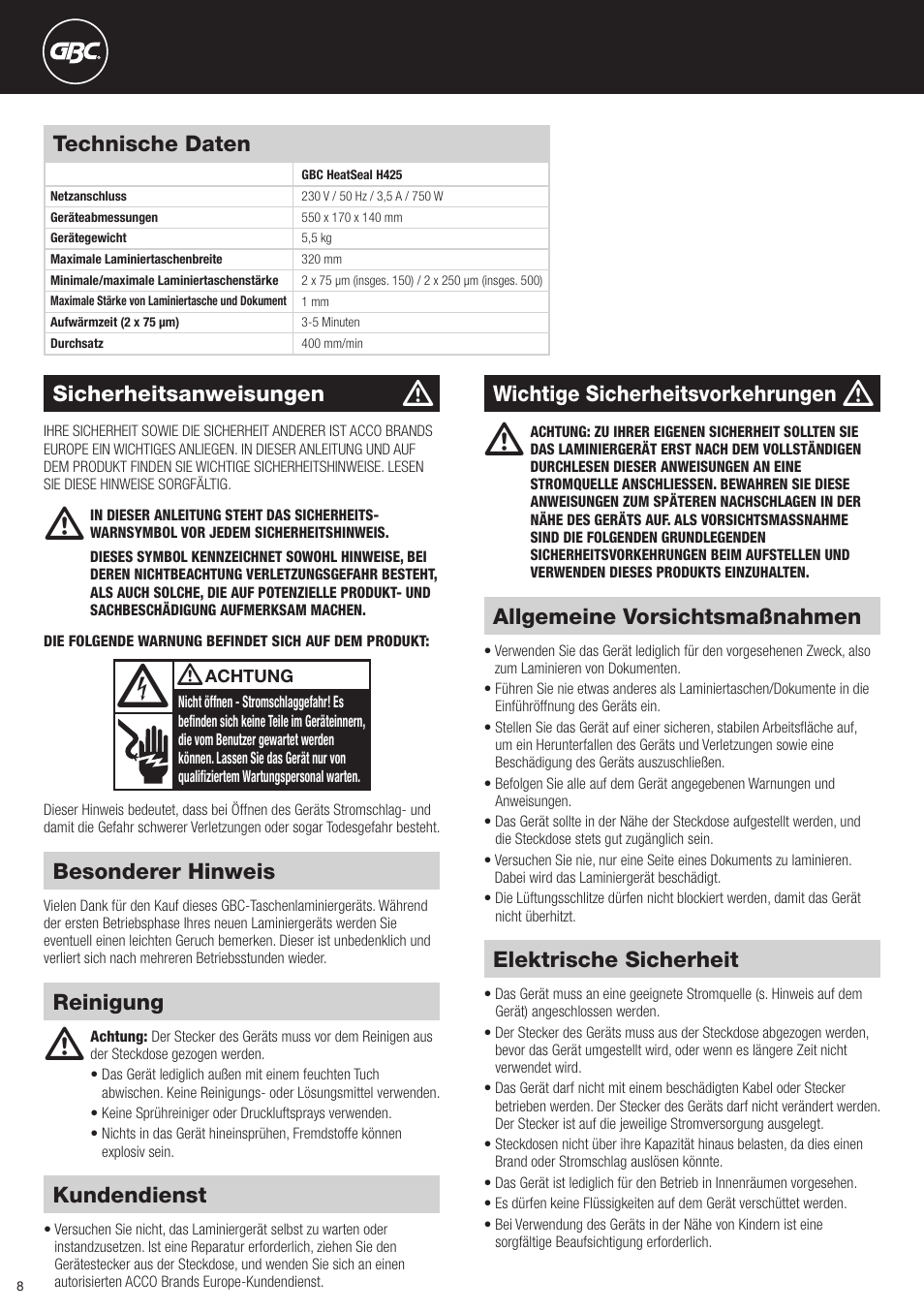 Besonderer hinweis, Kundendienst, Elektrische sicherheit | Allgemeine vorsichtsmaßnahmen, Sicherheitsanweisungen, Wichtige sicherheitsvorkehrungen, Reinigung technische daten | GBC H425 HeatSeal User Manual | Page 8 / 38