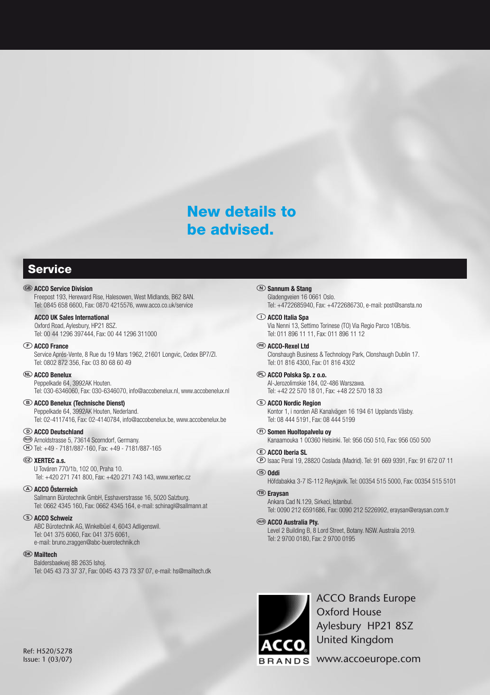 New details to be advised, Service | GBC H520 HeatSeal User Manual | Page 6 / 6