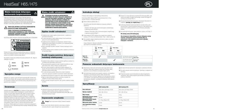 Heatseal, H65 / h75, Serwis | Czyszczenie urzàdzenia ogólne êrodki ostro˝noêci, Wa˝ne êrodki ostro˝noêci, Specjalna uwaga, Gwarancja, Instrukcja obs∏ugi specyfikacje, Pomocne wskazówki dotyczàce laminowania | GBC H75 HeatSeal User Manual | Page 10 / 15