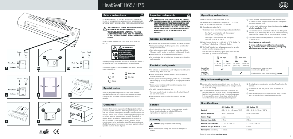 Heatseal, H65 / h75, Electrical safeguards | Service, Cleaning general safeguards, Safety instructions, Important safeguards, Special notice, Guarantee, Operating instructions specifications | GBC H75 HeatSeal User Manual | Page 2 / 15