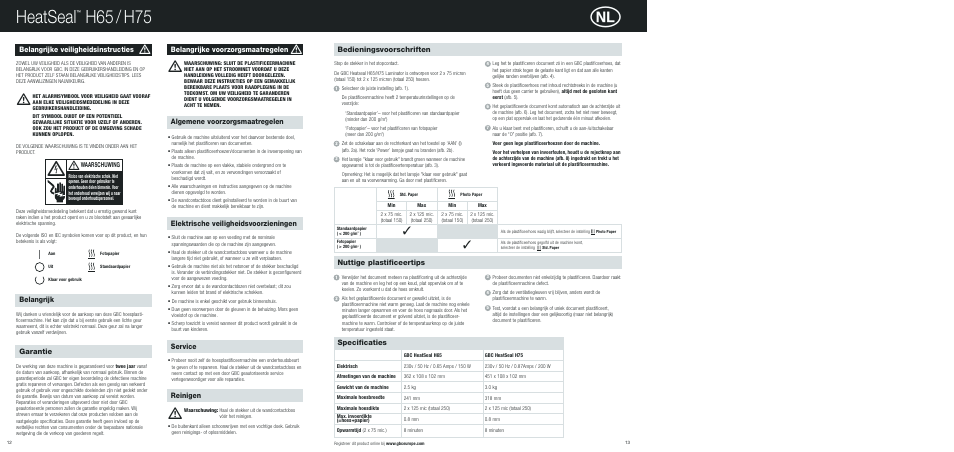 Heatseal, H65 / h75, Elektrische veiligheidsvoorzieningen | Service, Reinigen, Belangrijke veiligheidsinstructies, Belangrijke voorzorgsmaatregelen, Belangrijk, Garantie, Nuttige plastificeertips | GBC H75 HeatSeal User Manual | Page 6 / 15