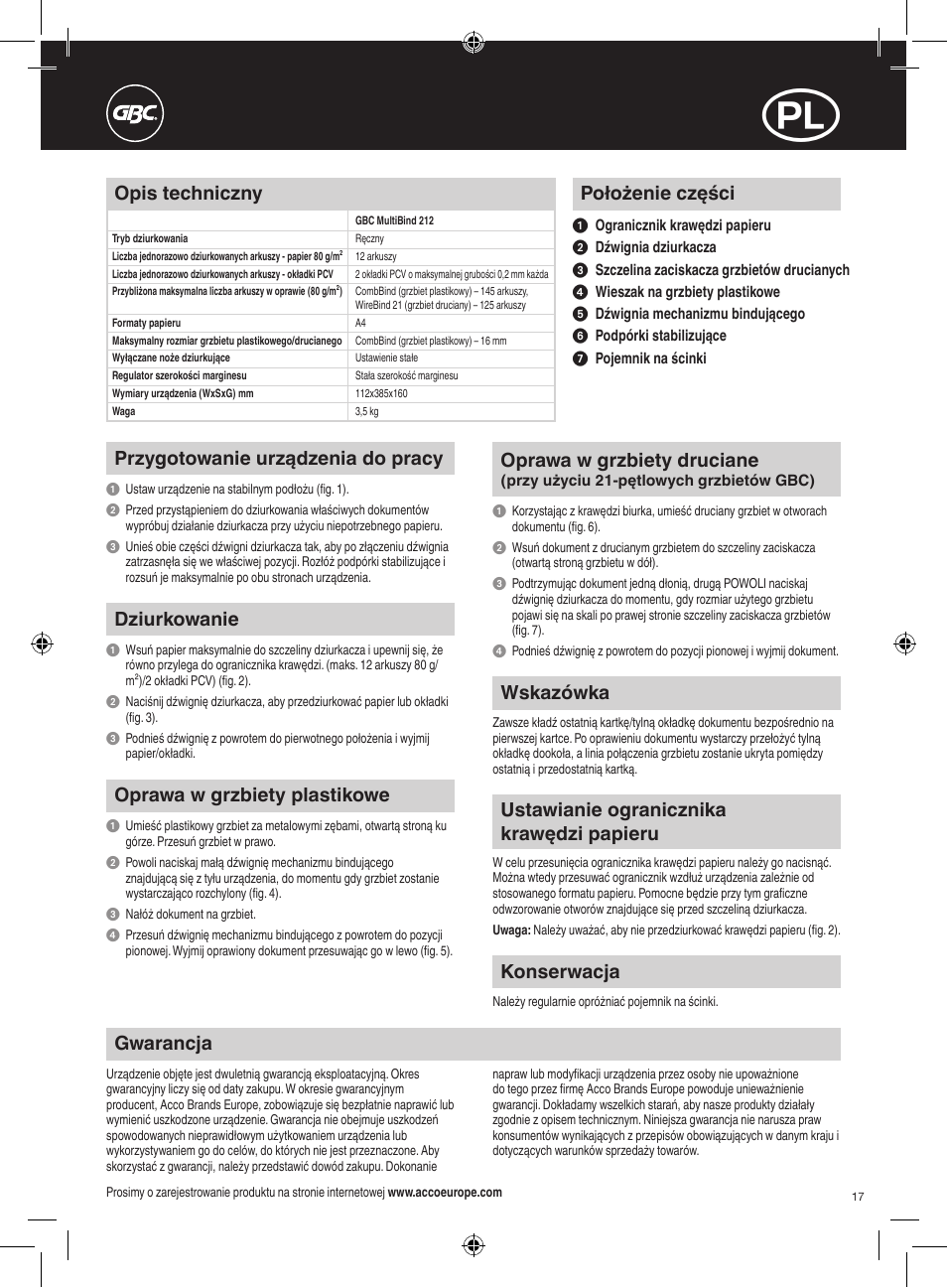 Położenie części, Przygotowanie urządzenia do pracy, Dziurkowanie | Oprawa w grzbiety plastikowe, Oprawa w grzbiety druciane, Wskazówka, Ustawianie ogranicznika krawędzi papieru, Konserwacja, Gwarancja, Opis techniczny | GBC 212 MultiBind User Manual | Page 17 / 22