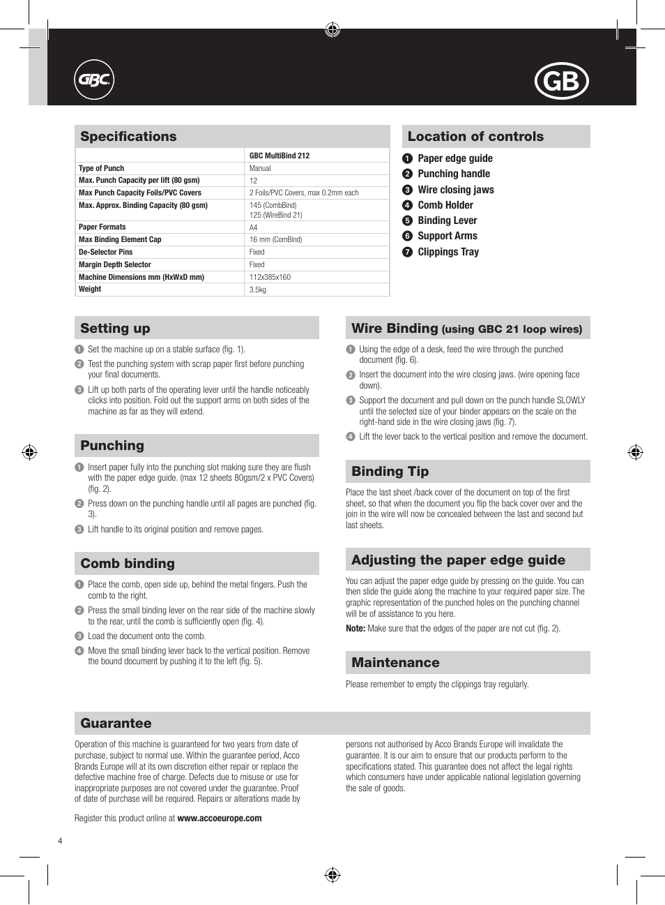 Location of controls, Setting up, Punching | Comb binding, Wire binding, Binding tip, Adjusting the paper edge guide, Maintenance, Guarantee, Specifications | GBC 212 MultiBind User Manual | Page 4 / 22