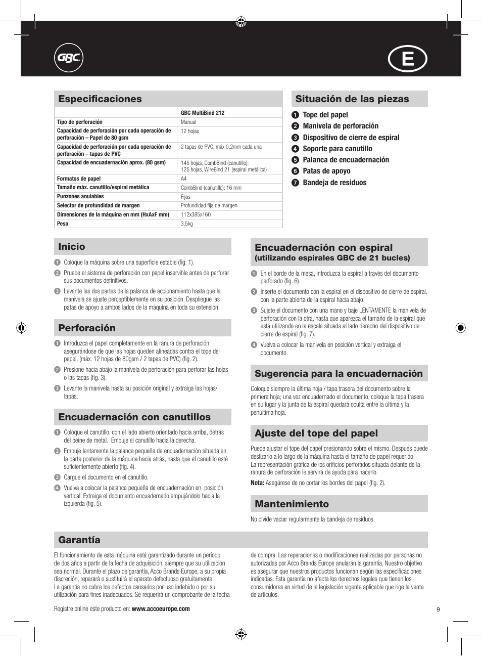 Situación de las piezas, Inicio, Perforación | Encuadernación con canutillos, Encuadernación con espiral, Sugerencia para la encuadernación, Ajuste del tope del papel, Mantenimiento, Garantía, Especificaciones | GBC 212 MultiBind User Manual | Page 9 / 22