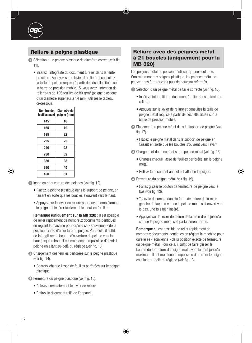 Reliure à peigne plastique | GBC 320 MultiBind User Manual | Page 10 / 74
