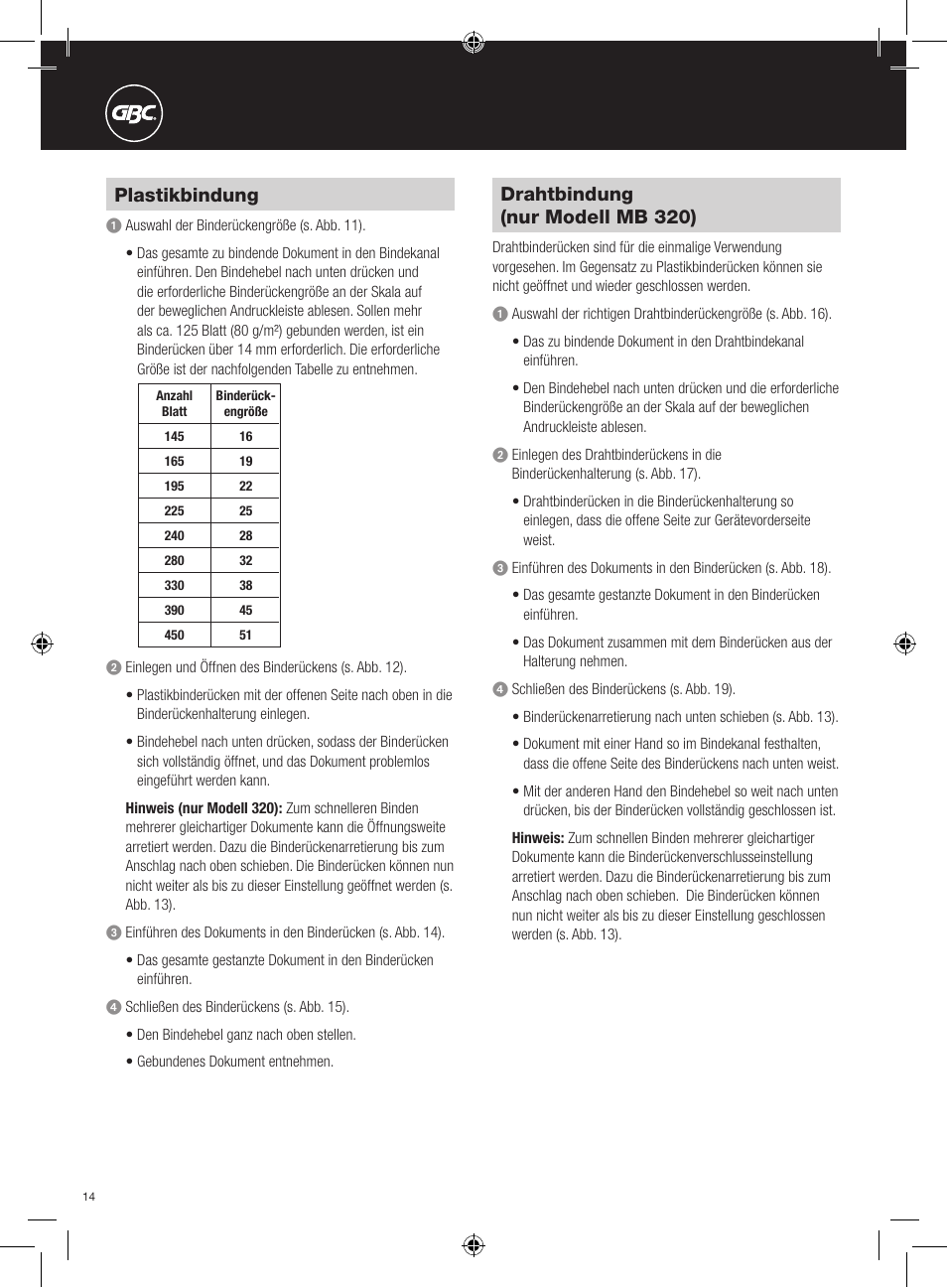 Drahtbindung (nur modell mb 320), Plastikbindung | GBC 320 MultiBind User Manual | Page 14 / 74
