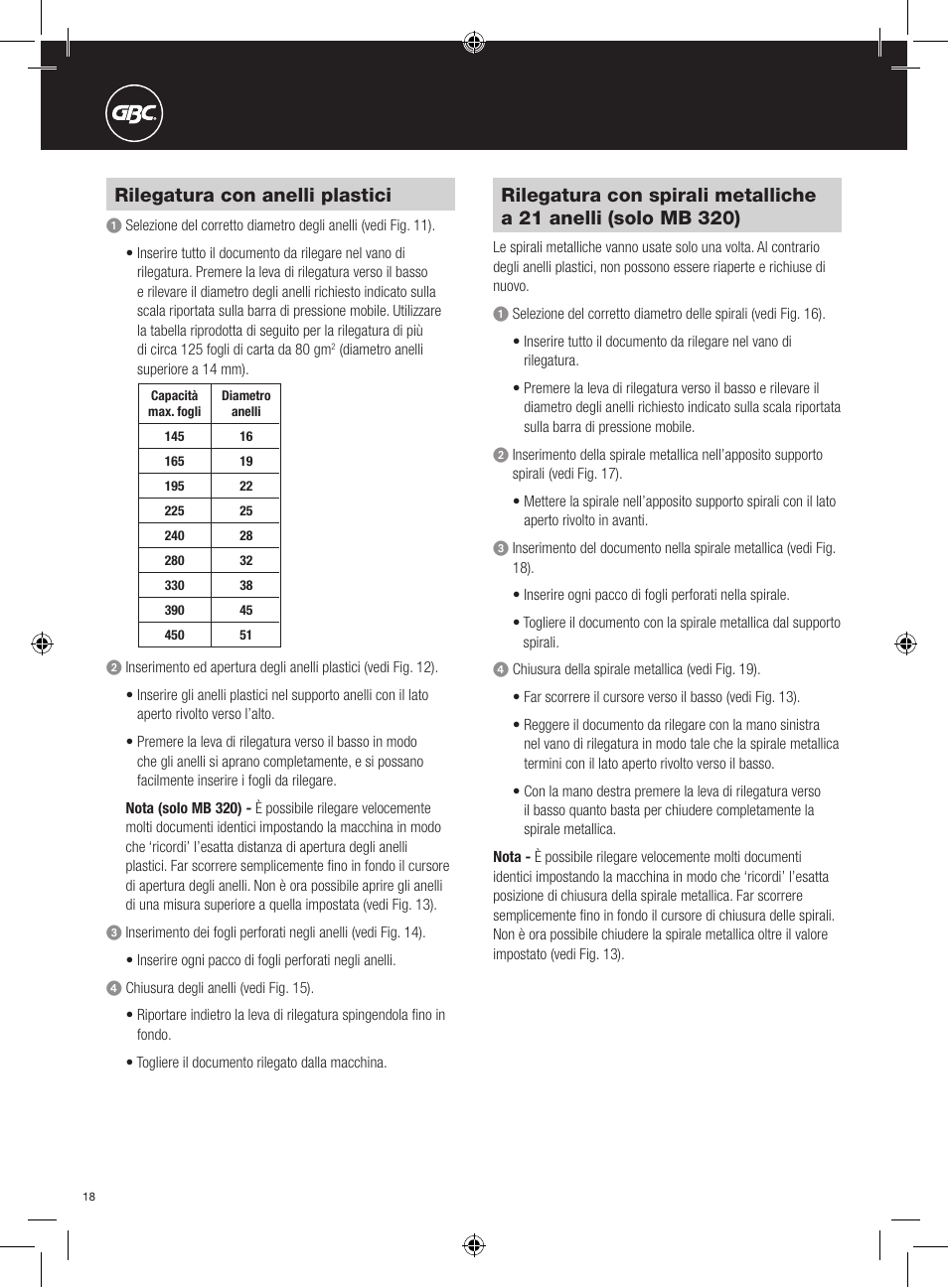 Rilegatura con anelli plastici | GBC 320 MultiBind User Manual | Page 18 / 74