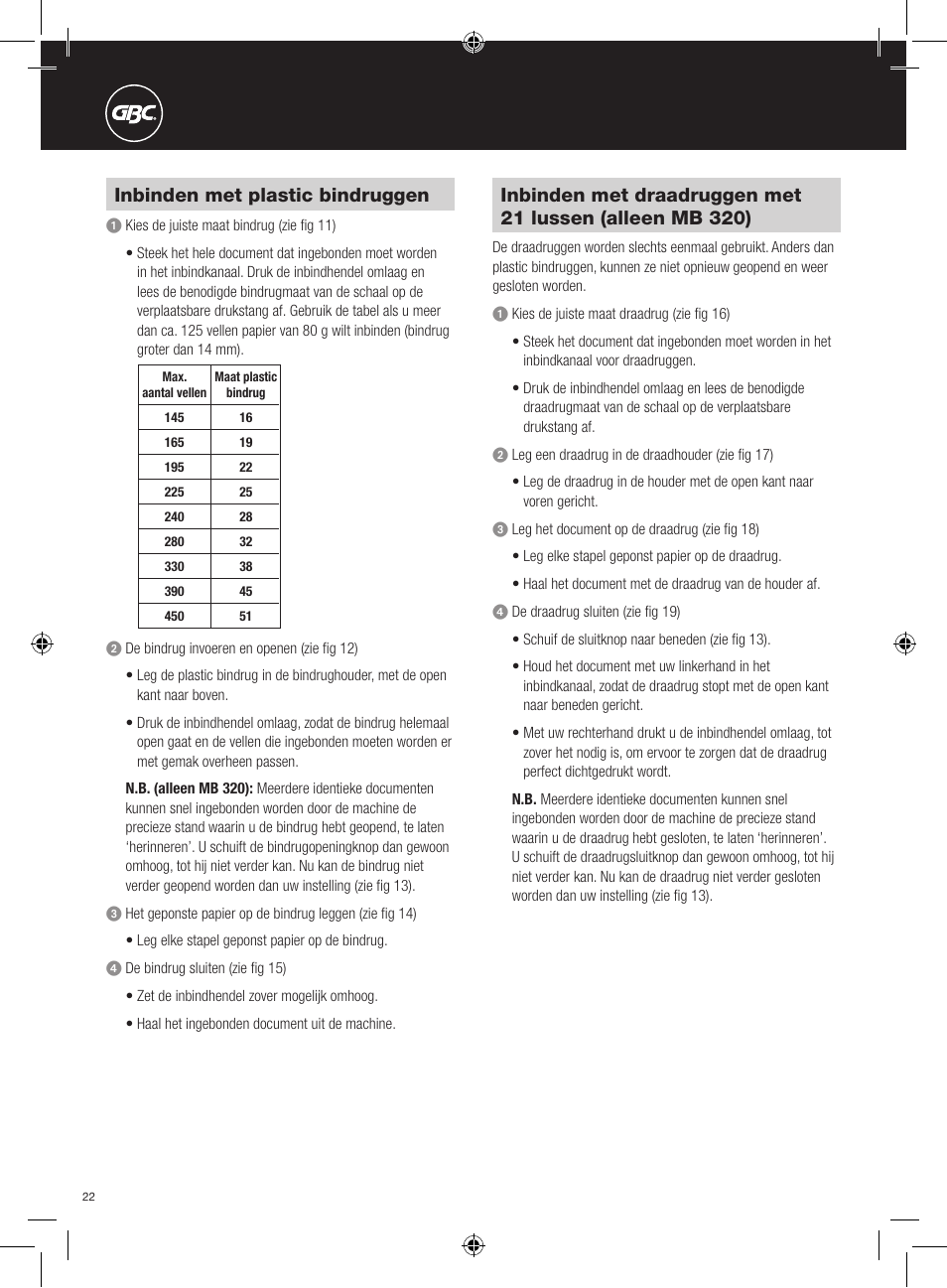 Inbinden met plastic bindruggen | GBC 320 MultiBind User Manual | Page 22 / 74
