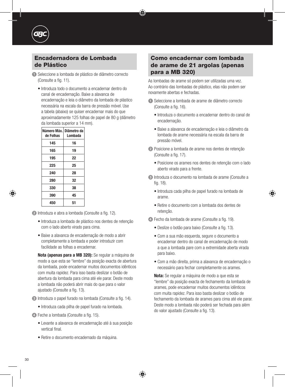 Encadernadora de lombada de plástico | GBC 320 MultiBind User Manual | Page 30 / 74