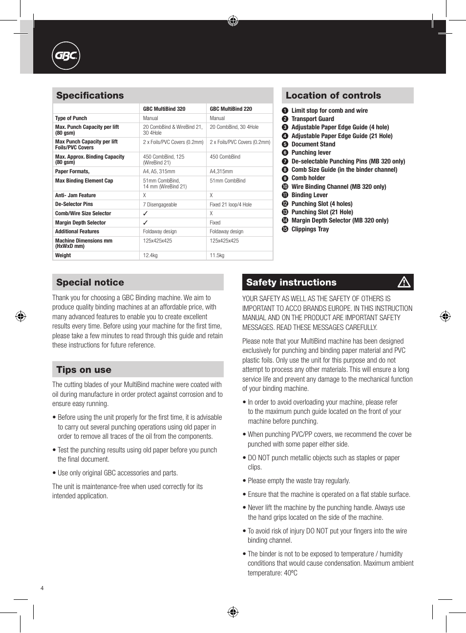 Location of controls, Special notice, Safety instructions | Tips on use, Specifications | GBC 320 MultiBind User Manual | Page 4 / 74