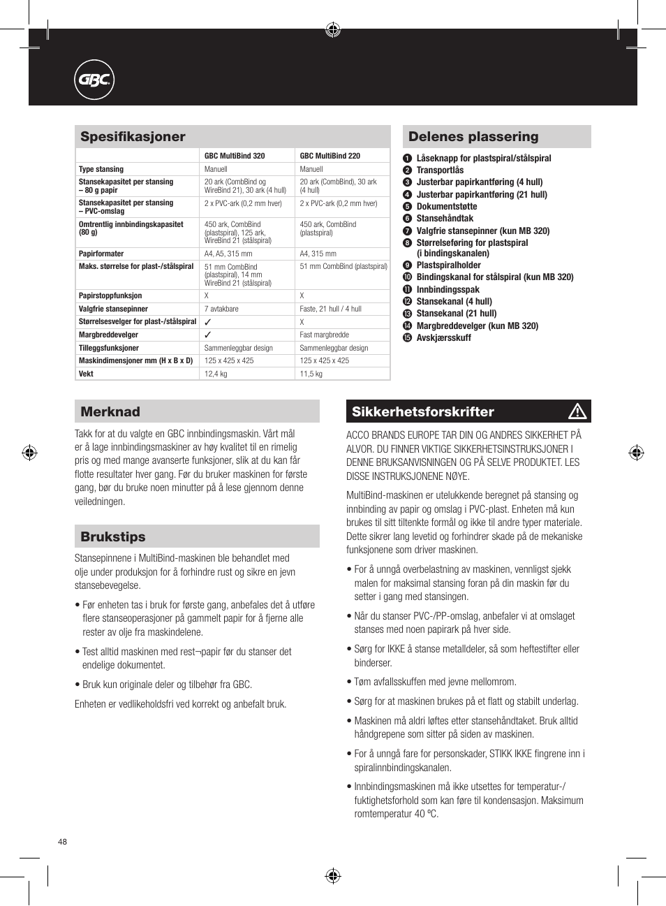 Delenes plassering, Merknad, Sikkerhetsforskrifter | Brukstips, Spesifikasjoner | GBC 320 MultiBind User Manual | Page 48 / 74