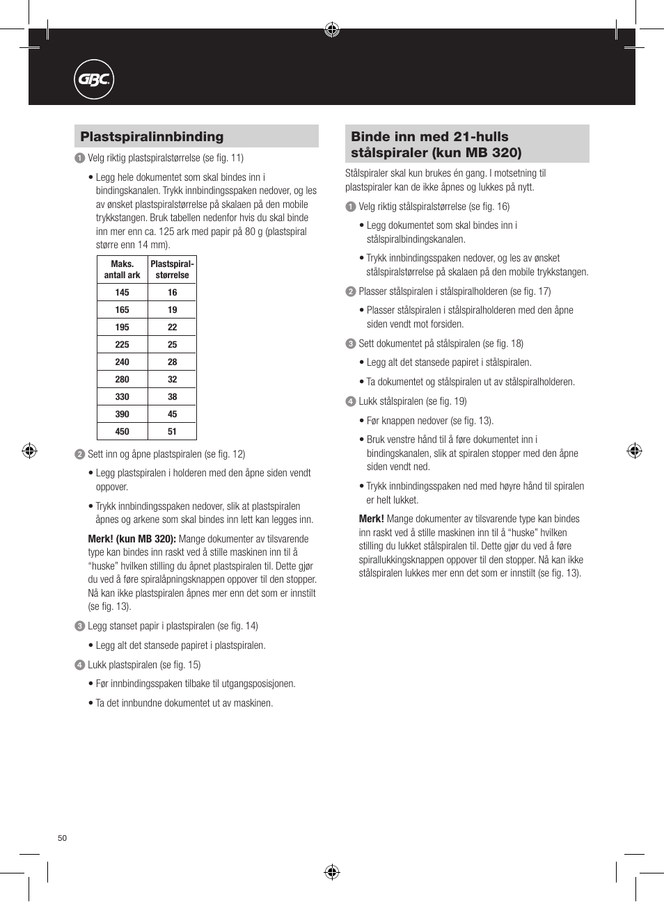 Plastspiralinnbinding | GBC 320 MultiBind User Manual | Page 50 / 74