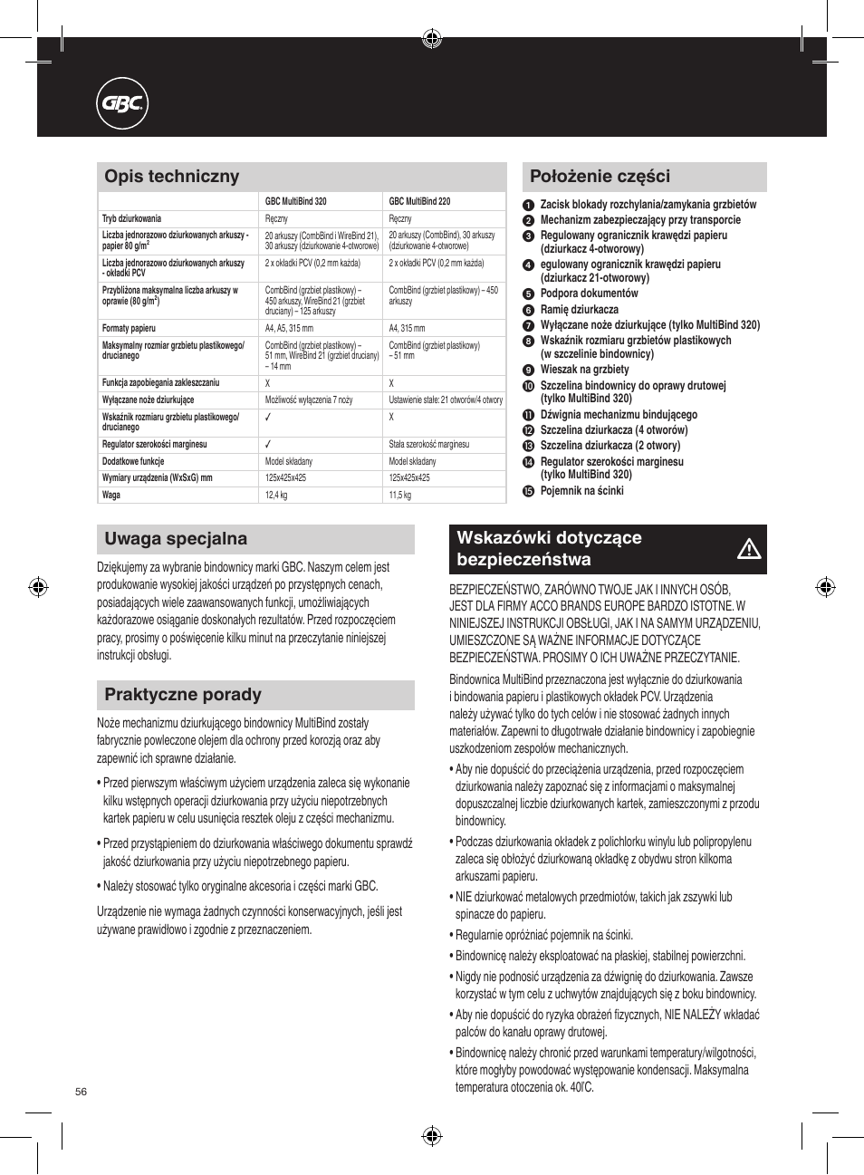 Położenie części, Uwaga specjalna, Wskazówki dotyczące bezpieczeństwa | Praktyczne porady, Opis techniczny | GBC 320 MultiBind User Manual | Page 56 / 74