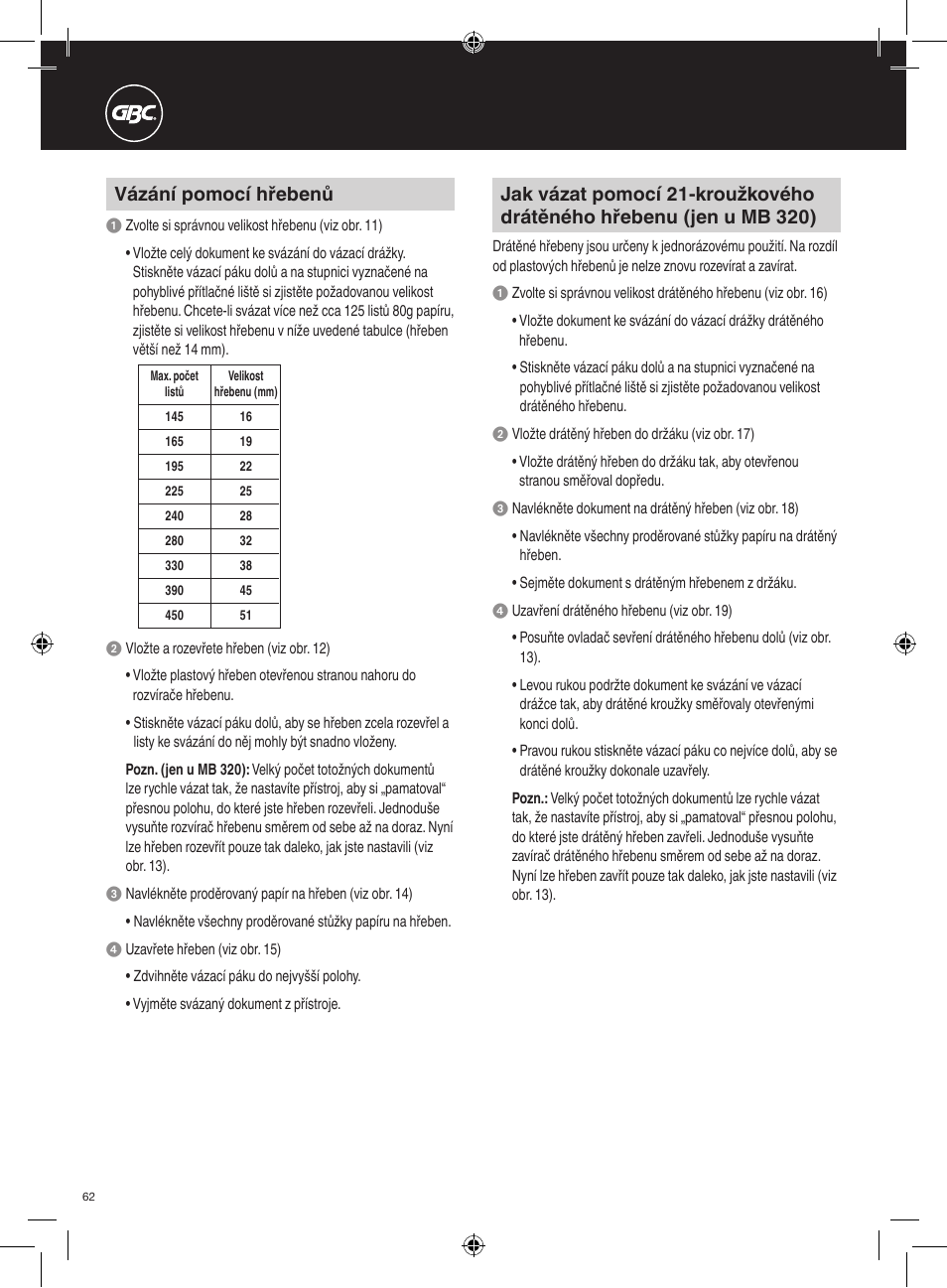 Vázání pomocí hřebenů | GBC 320 MultiBind User Manual | Page 62 / 74