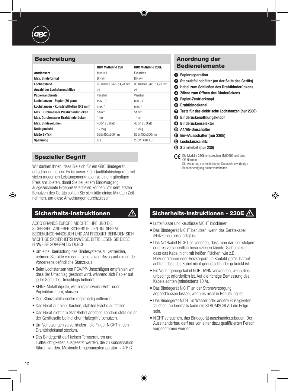 Anordnung der bedienelemente, Sicherheits-instruktionen, Beschreibung | Spezieller begriff, Sicherheits-instruktionen - 230e | GBC 230E MultiBind User Manual | Page 12 / 74