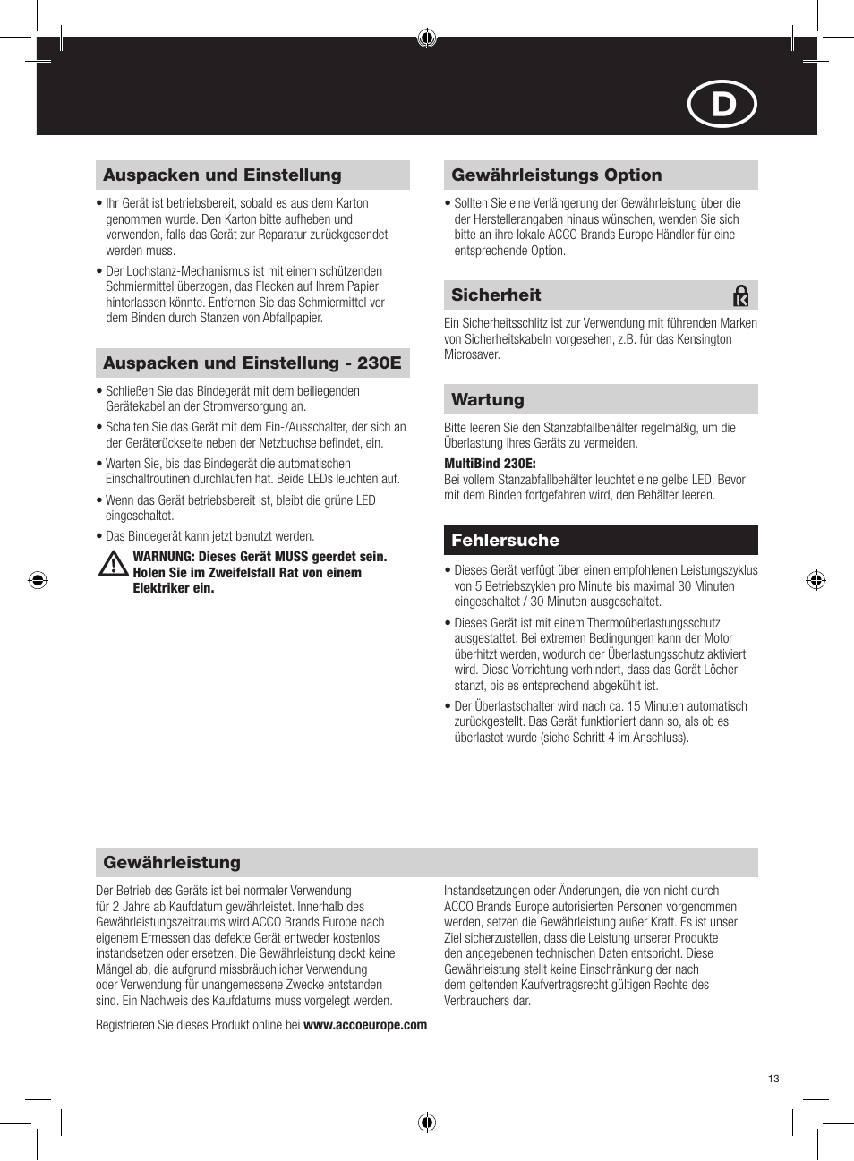 Anordnung der bedienelemente, Gewährleistungs option, Auspacken und einstellung | Auspacken und einstellung - 230e, Gewährleistung, Fehlersuche, Wartung, Sicherheit | GBC 230E MultiBind User Manual | Page 13 / 74