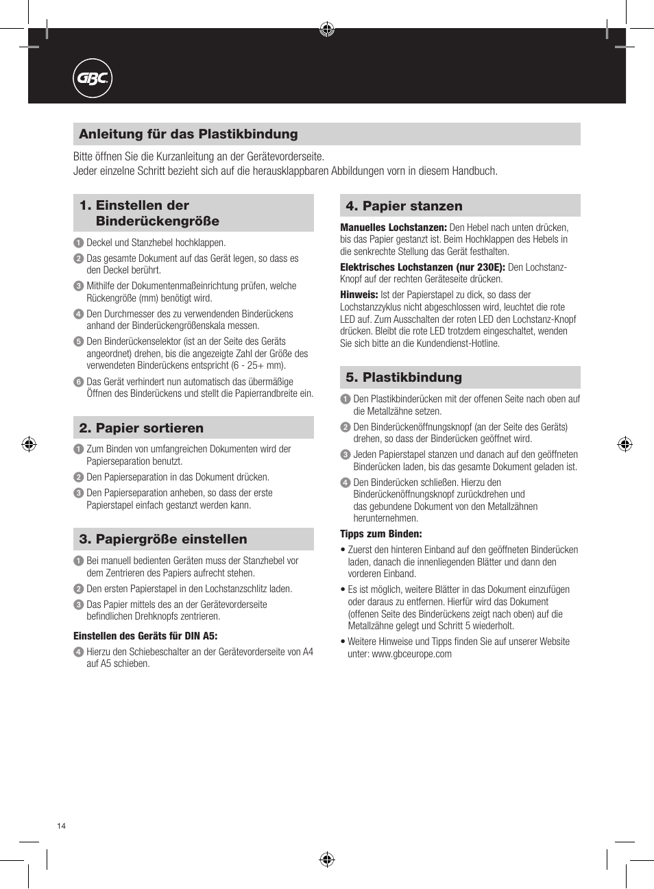 Anleitung für das plastikbindung, Einstellen der binderückengröße, Papiergröße einstellen | Papier sortieren, Papier stanzen, Plastikbindung | GBC 230E MultiBind User Manual | Page 14 / 74