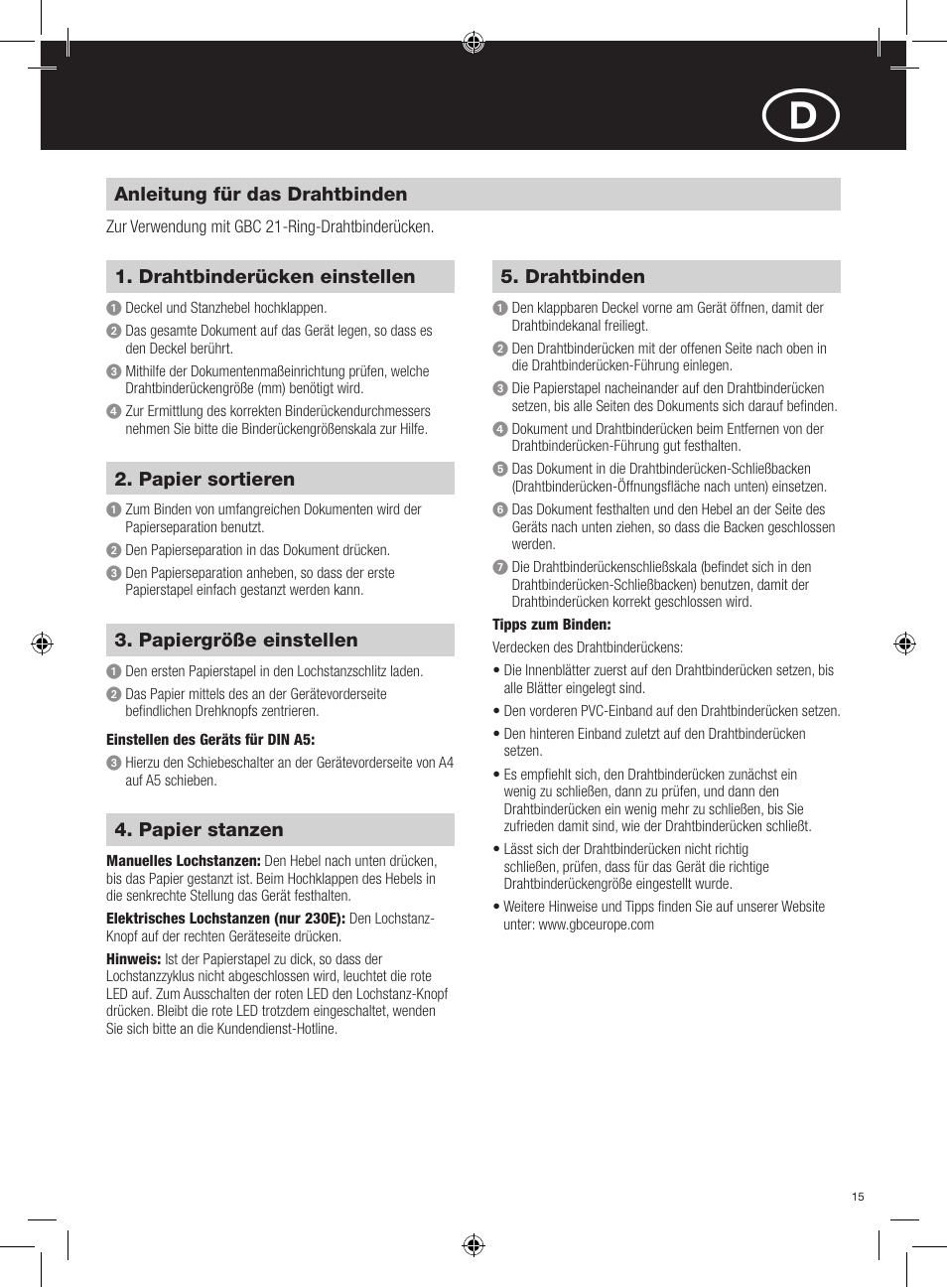 GBC 230E MultiBind User Manual | Page 15 / 74