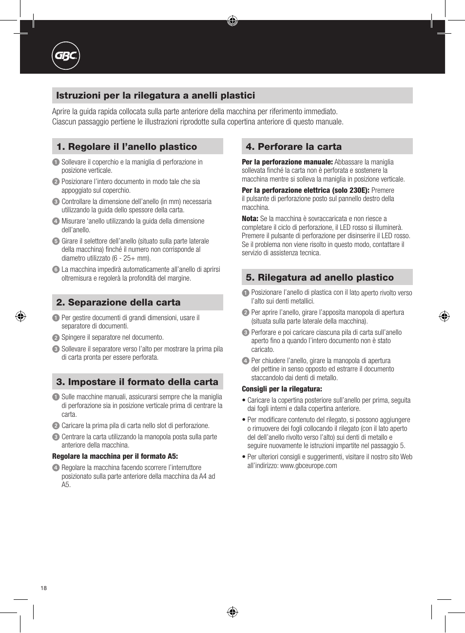 Istruzioni per la rilegatura a anelli plastici, Regolare il l’anello plastico, Impostare il formato della carta | Separazione della carta, Perforare la carta, Rilegatura ad anello plastico | GBC 230E MultiBind User Manual | Page 18 / 74