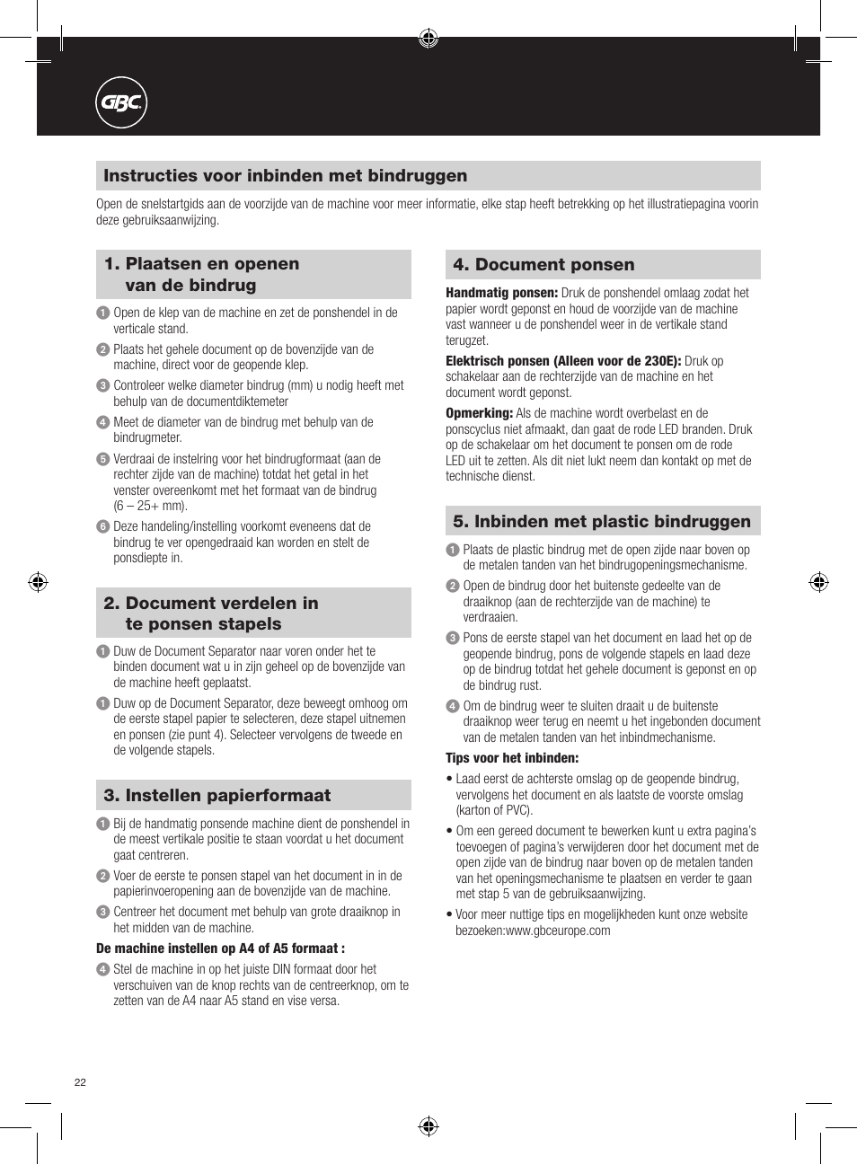 Instructies voor inbinden met bindruggen, Plaatsen en openen van de bindrug, Instellen papierformaat | Document verdelen in te ponsen stapels, Document ponsen, Inbinden met plastic bindruggen | GBC 230E MultiBind User Manual | Page 22 / 74