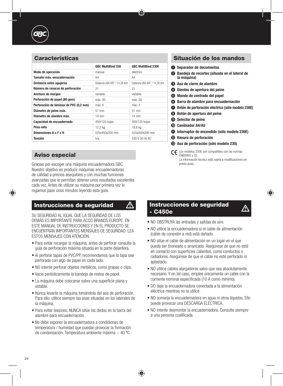 Situación de los mandos, Instrucciones de seguridad, Características | Aviso especial, Instrucciones de seguridad - c450e | GBC 230E MultiBind User Manual | Page 24 / 74