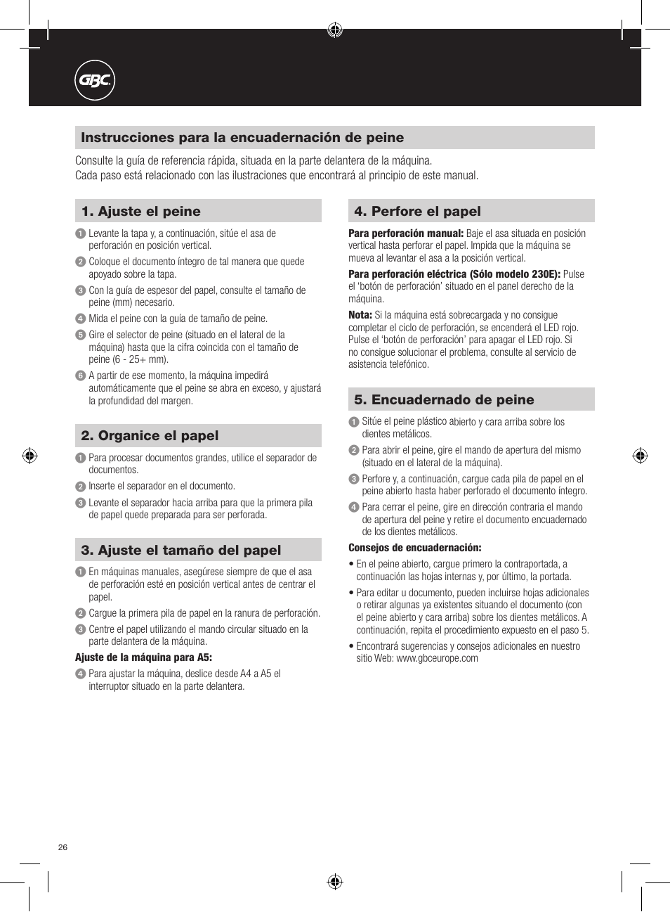 Instrucciones para la encuadernación de peine, Ajuste el peine, Ajuste el tamaño del papel | Organice el papel, Perfore el papel, Encuadernado de peine | GBC 230E MultiBind User Manual | Page 26 / 74