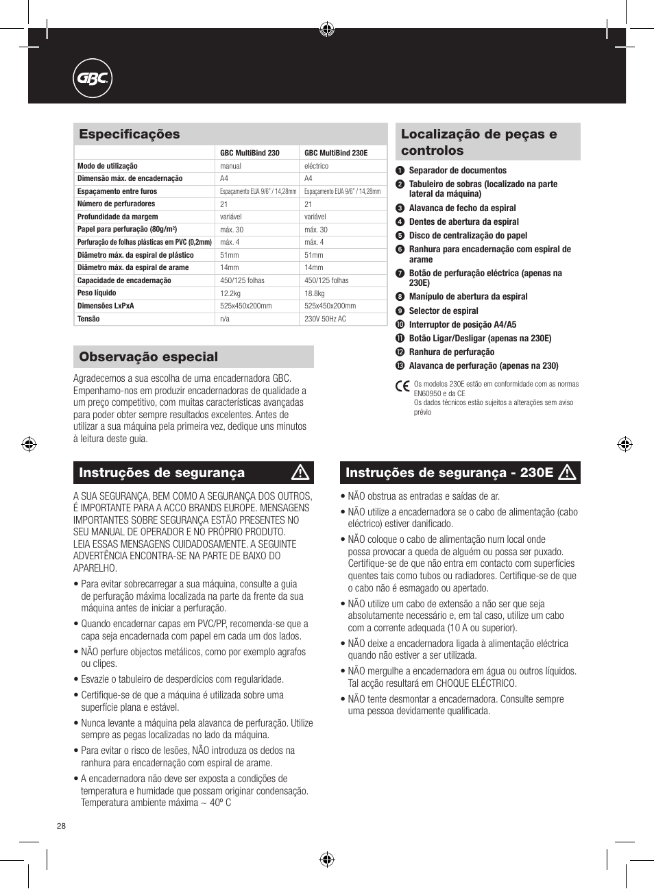 Localização de peças e controlos, Instruções de segurança, Especificações | Observação especial, Instruções de segurança - 230e | GBC 230E MultiBind User Manual | Page 28 / 74