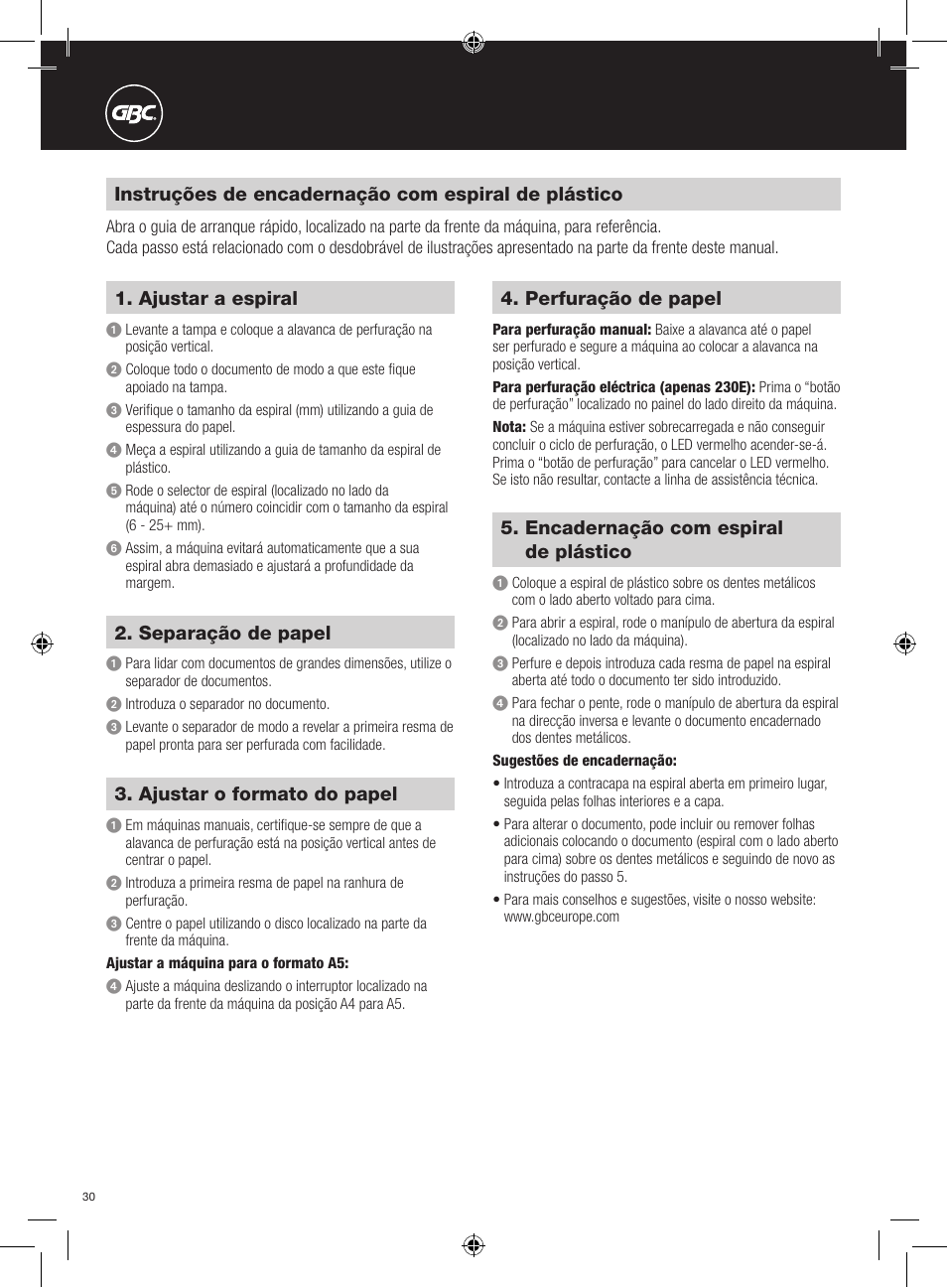 Instruções de encadernação com espiral de plástico, Ajustar a espiral, Ajustar o formato do papel | Separação de papel, Perfuração de papel, Encadernação com espiral de plástico | GBC 230E MultiBind User Manual | Page 30 / 74