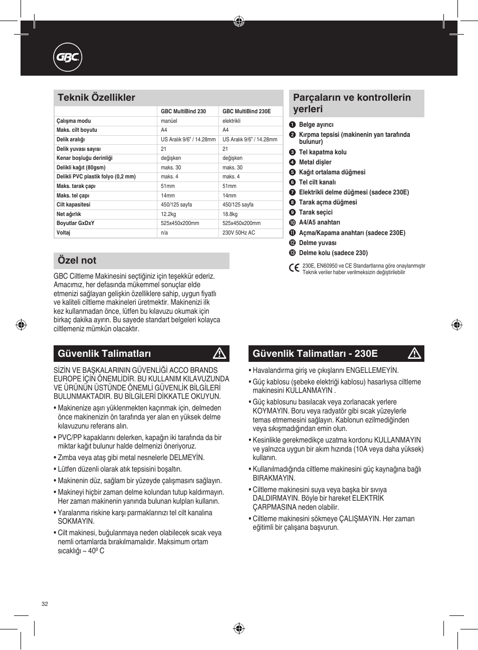 Parçaların ve kontrollerin yerleri, Güvenlik talimatları, Teknik özellikler | Özel not, Güvenlik talimatları - 230e | GBC 230E MultiBind User Manual | Page 32 / 74