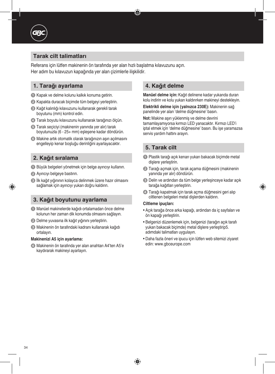 Tarak cilt talimatları, Tarağı ayarlama, Kağıt boyutunu ayarlama | Kağıt sıralama, Kağıt delme, Tarak cilt | GBC 230E MultiBind User Manual | Page 34 / 74