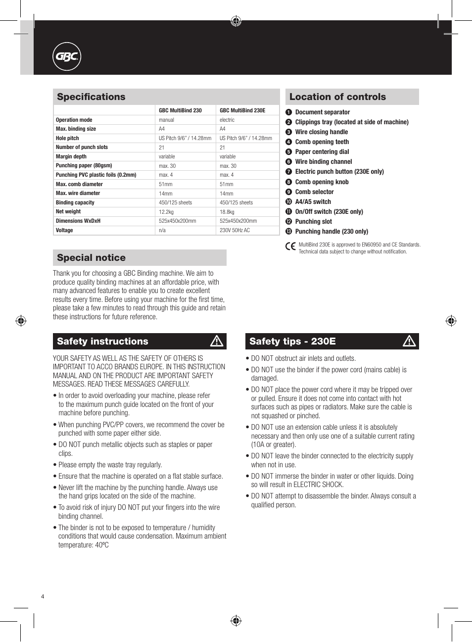 Location of controls, Special notice, Safety instructions | Safety tips - 230e, Specifications | GBC 230E MultiBind User Manual | Page 4 / 74