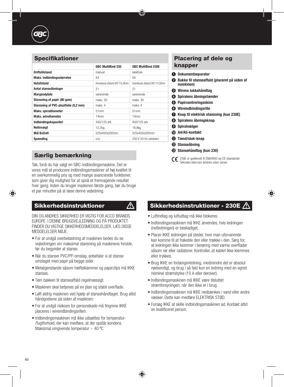 Placering af dele og knapper, Sikkerhedsinstruktioner, Specifikationer | Særlig bemærkning, Sikkerhedsinstruktioner - 230e | GBC 230E MultiBind User Manual | Page 40 / 74