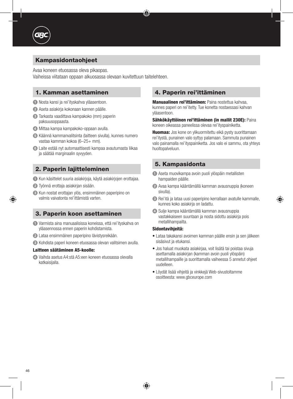Kampasidontaohjeet, Kamman asettaminen, Paperin koon asettaminen | Paperin lajitteleminen, Paperin rei’ittäminen, Kampasidonta | GBC 230E MultiBind User Manual | Page 46 / 74