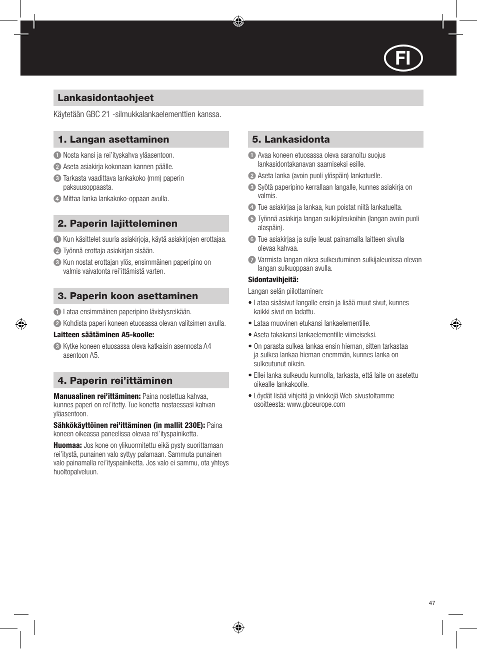 GBC 230E MultiBind User Manual | Page 47 / 74