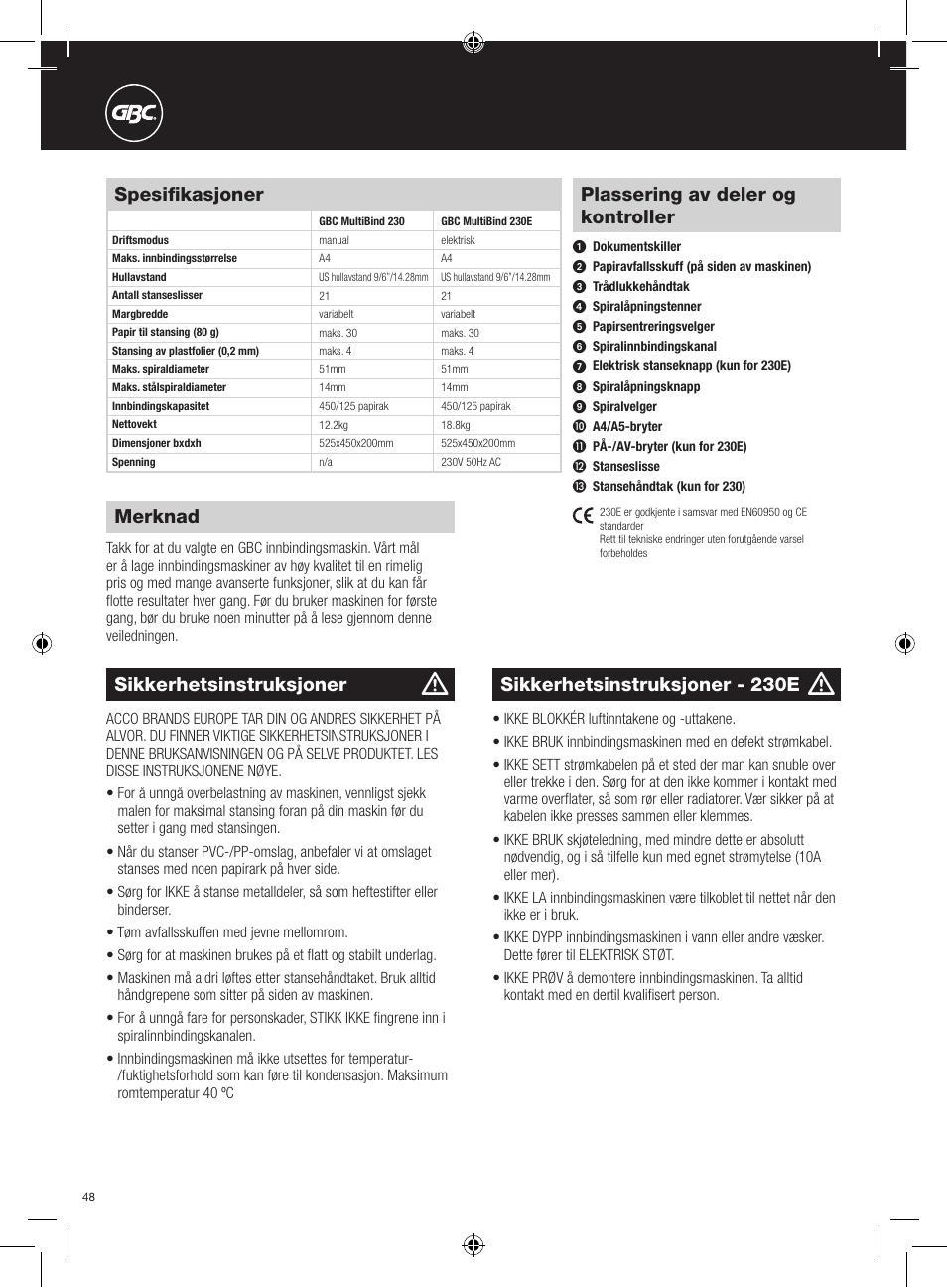 Plassering av deler og kontroller, Sikkerhetsinstruksjoner, Spesifikasjoner | Merknad, Sikkerhetsinstruksjoner - 230e | GBC 230E MultiBind User Manual | Page 48 / 74