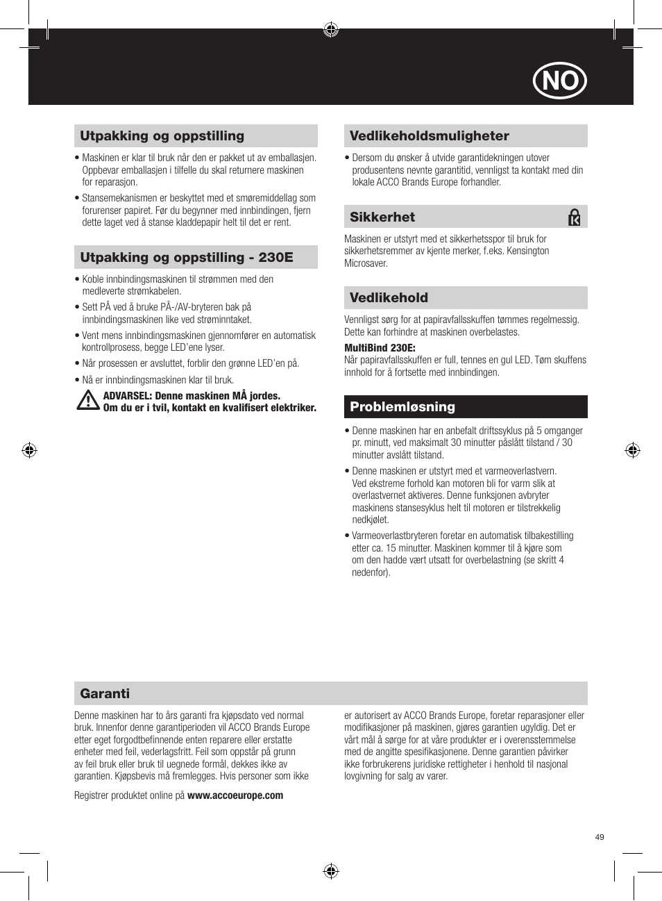 GBC 230E MultiBind User Manual | Page 49 / 74