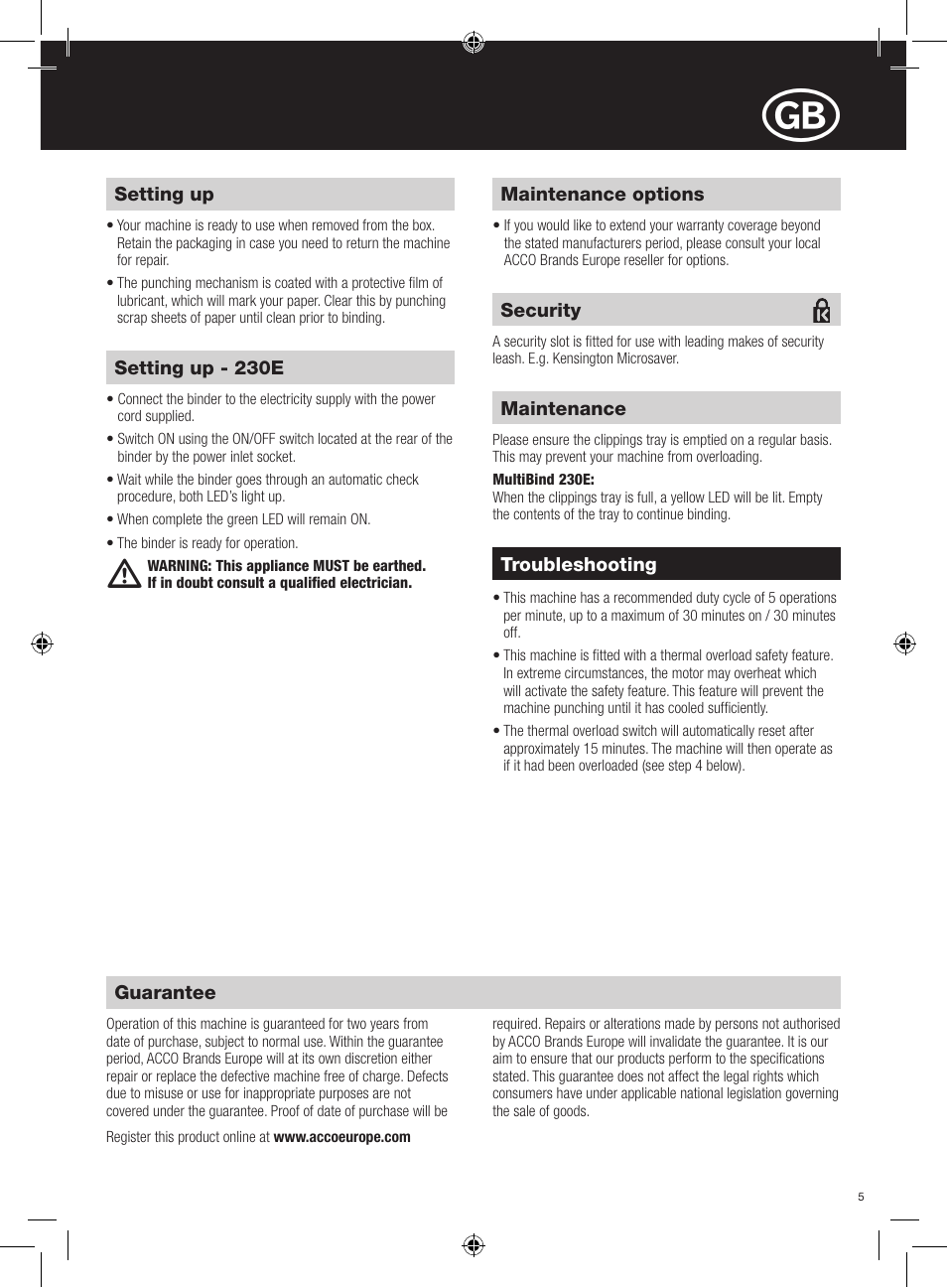 GBC 230E MultiBind User Manual | Page 5 / 74