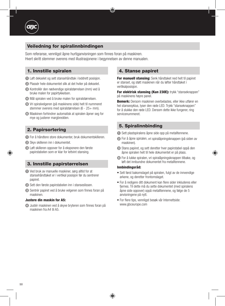 Veiledning for spiralinnbindingen, Innstille spiralen, Innstille papirstørrelsen | Papirsortering, Stanse papiret, Spiralinnbinding | GBC 230E MultiBind User Manual | Page 50 / 74