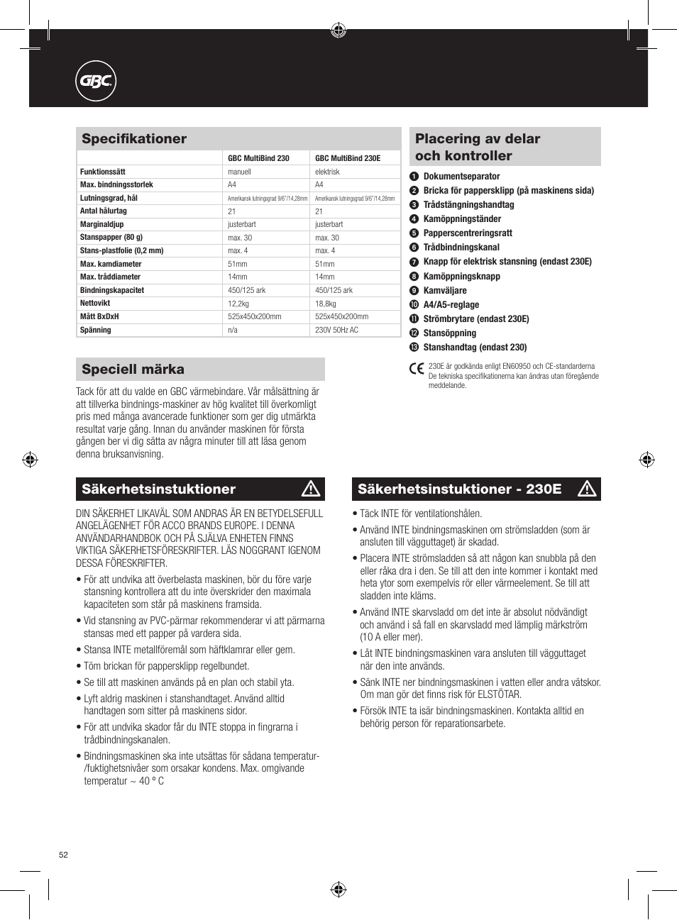 Placering av delar och kontroller, Säkerhetsinstuktioner, Specifikationer | Speciell märka, Säkerhetsinstuktioner - 230e | GBC 230E MultiBind User Manual | Page 52 / 74