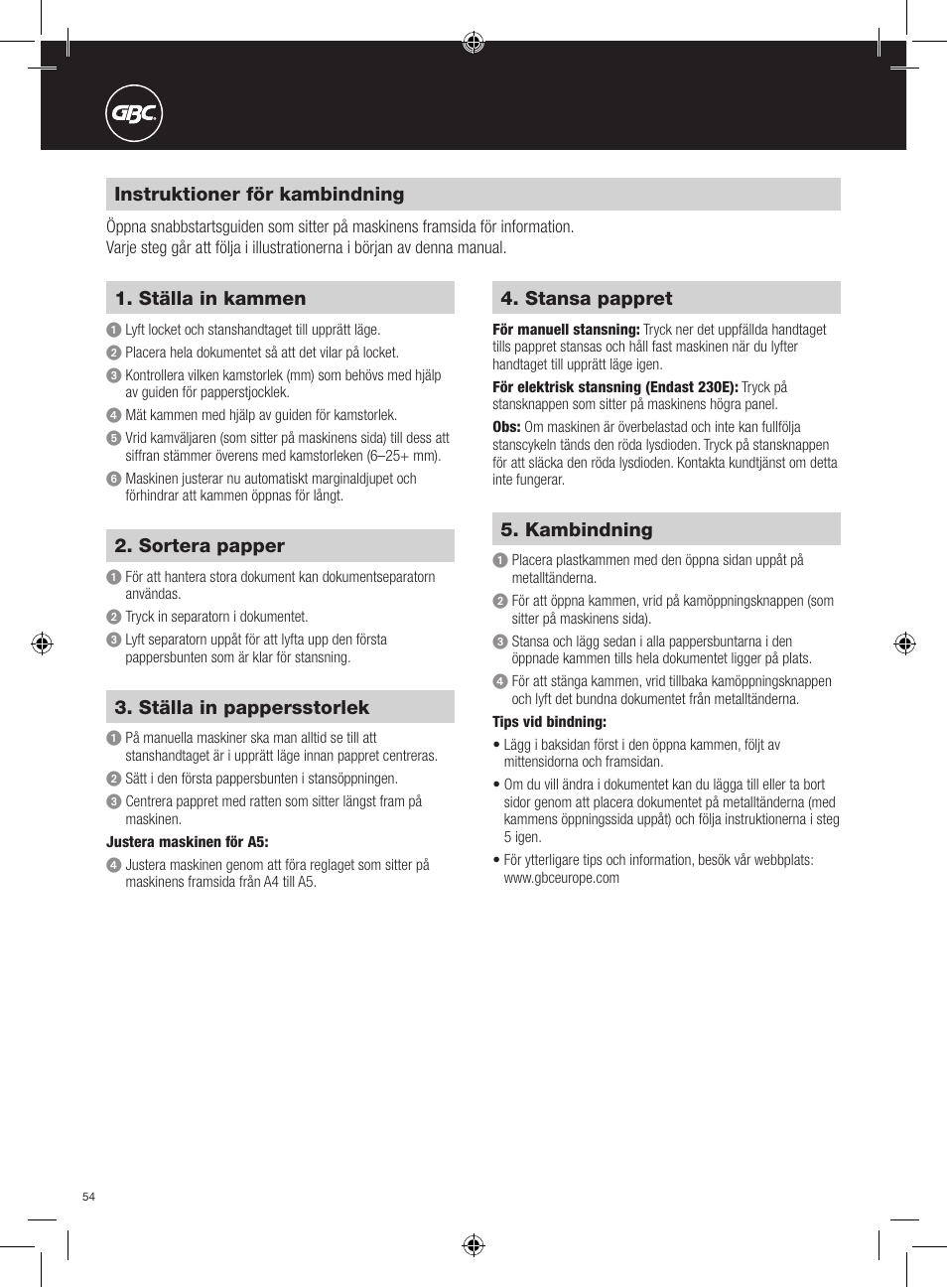 Instruktioner för kambindning, Ställa in kammen, Ställa in pappersstorlek | Sortera papper, Stansa pappret, Kambindning | GBC 230E MultiBind User Manual | Page 54 / 74